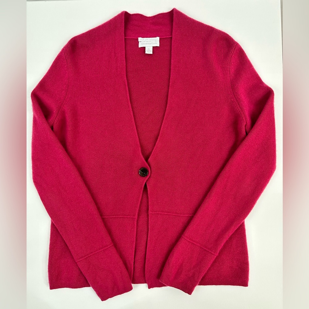 Charter Club Dark Pink/Berry 2Ply 100% Cashmere V Neck Waist Length Swea…